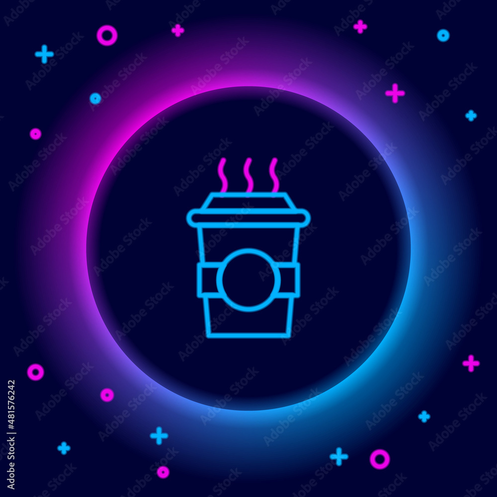 Sticker Glowing neon line Coffee cup to go icon isolated on black background. Colorful outline concept. Vector