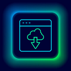Glowing neon line Cloud technology data transfer and storage icon isolated on black background. Colorful outline concept. Vector