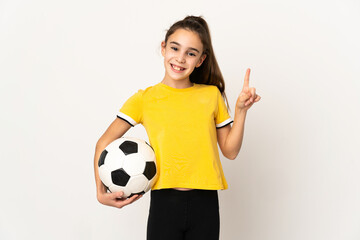 Little football player girl isolated on white background showing and lifting a finger in sign of the best