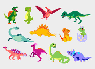 Set of cartoon dinosaurs. Collection of cute ancient animals. Funny dino characters. Colorful illustration of prehistoric animals for children.
