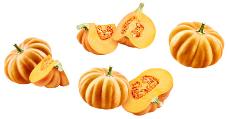 Flying pumpkin vegetable isolated on white background. Clipping path pumpkin