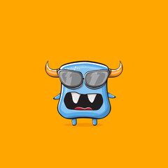Fototapeta premium Vector cartoon funny blue monster with horn and sunglasses isolated on orange background. Smiling silly blue monster print sticker design template. Ghost, troll, gremlin, goblin, devil and monster