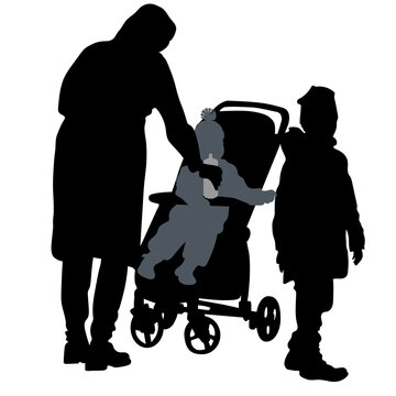 Vector Silhouettes Of A Woman With 2 Children. The Child Is Sitting In The Stroller, The Boy Is Standing Next To Him. Mom Leaned Over The Baby With A Baby Bottle In Her Hand.