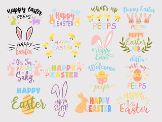 Set of Happy Easter lettering. Collection of lettering with Easter bunny ears and egg. Festive easter logo. Colorful illustration isolated on white background.