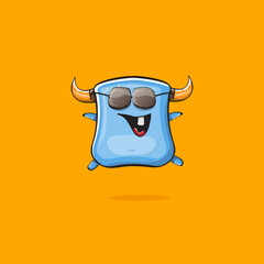 Vector cartoon funny blue monster with horn and sunglasses isolated on orange background. Smiling silly blue monster print sticker design template. Ghost, troll, gremlin, goblin, devil and monster