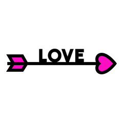 Banner con texto Love en flecha de cupido con líneas para su uso en invitaciones y tarjetas de felicitación en color negro y rosa