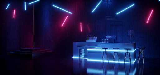 Retro Cyber Sci Fi Neon Glowing Laser Purple BLue Lights Futuristic Bar Club Night Grunge Show Podium Stage Brick Wall Drink Modern Dance Floor 3D Rendering