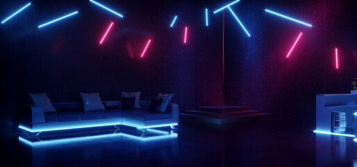 Retro Cyber Sci Fi Neon Glowing Laser Purple Blue Lights Futuristic Bar Sofa Club Night Grunge Show Podium Stage Brick Wall Drink Modern Dance Floor 3D Rendering