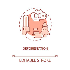 Deforestation red concept icon. Forests clearance. Reasons for climate change abstract idea thin line illustration. Isolated outline drawing. Editable stroke. Roboto-Medium, Myriad Pro-Bold fonts used