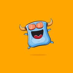 Vector cartoon funny blue monster with horn and sunglasses isolated on orange background. Smiling silly blue monster print sticker design template. Ghost, troll, gremlin, goblin, devil and monster