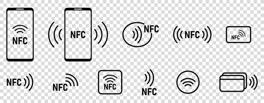 Set of NFC icons. Wireless payment technology symbols. Line art style. Vector illustration isolated on transparent background