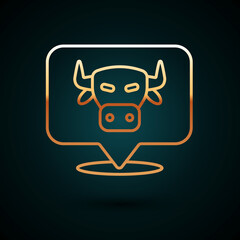 Gold line Cow head icon isolated on dark blue background. Vector