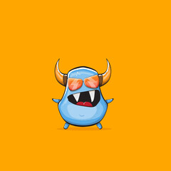 Vector cartoon funny blue monster with horn and sunglasses isolated on orange background. Smiling silly blue monster print sticker design template. Ghost, troll, gremlin, goblin, devil and monster