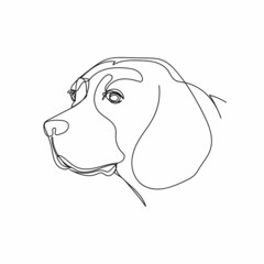 Fototapeta na wymiar Continuous one simple single abstract line drawing of beagle dog portrait icon in silhouette on a white background. Linear stylized.
