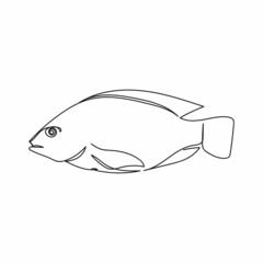 Continuous one simple single abstract line drawing of tilapia fresh fish icon in silhouette on a white background. Linear stylized.