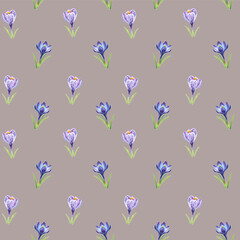 Floral seamless pattern of crocuses drawn by markers on a Elderberry background. For fabric, sketchbook, wallpaper, wrapping paper.