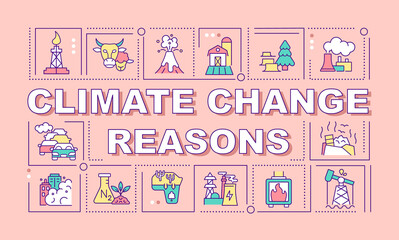 Climate change reasons word concepts pink banner. Global warming. Infographics with linear icons on background. Isolated typography. Vector color illustration with text. Arial-Black font used