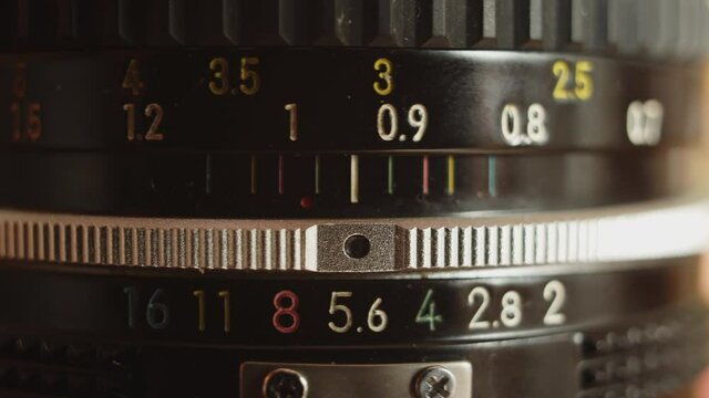 Macro-shot of the focus scale of a vintage lens. The scale starts at 0.45 and gets turned to infinity.
