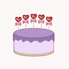 Festive cake with hearts and pink bows. Isolated on white background