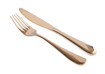 New shiny fork and knife on white background