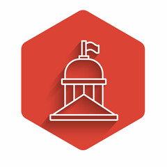White line White House icon isolated with long shadow background. Washington DC. Red hexagon button. Vector