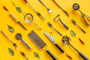Set of stainless utensils cookware and tools, flat lay