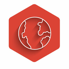 White line Earth globe icon isolated with long shadow background. World or Earth sign. Global internet symbol. Geometric shapes. Red hexagon button. Vector