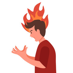 Angry man expression character with flame on background in flat design. Anger emotion.