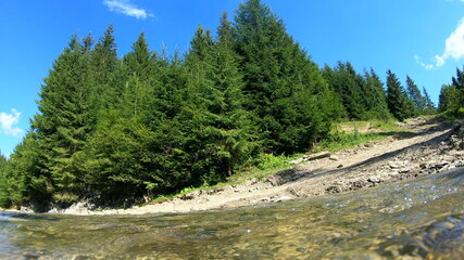Obraz premium Beautiful mountain landscape scene with flowing river and bright reflections of sun on water surface and splashes on sunny summer day. Lower angle shooting. Shining sun, bright blue sky. Stones