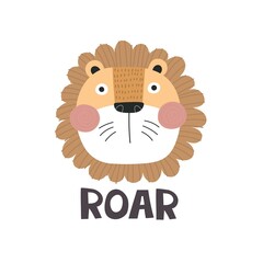 roar. cartoon lion, hand drawing lettering. flat style, colorful vector for kids. baby design for cards, poster decoration, print