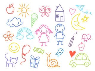 Fototapeta na wymiar Set of happy drawing kids. Collection of funny small kids play, cat and heart, pencil, signs. Vector illustration on white background.