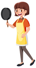 A woman holding a pan wearing apron cartoon character on white background