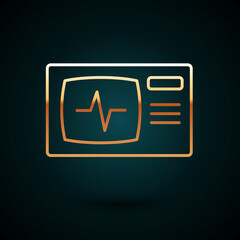 Gold line Computer monitor with cardiogram icon isolated on dark blue background. Monitoring icon. ECG monitor with heart beat hand drawn. Vector