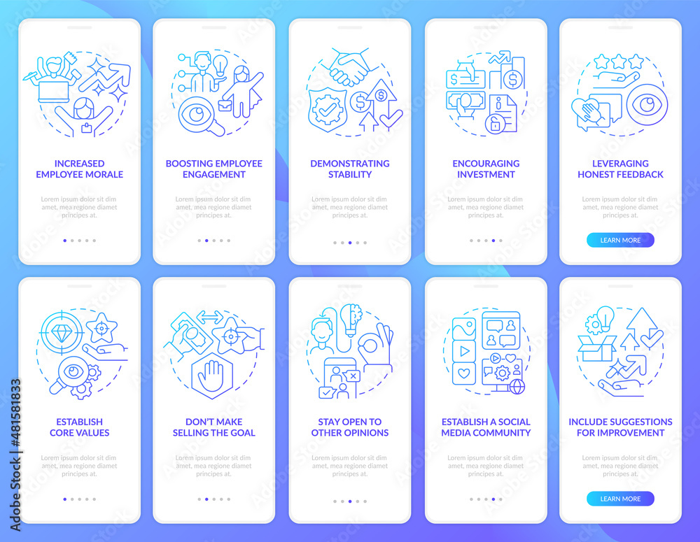 Poster business transparency blue gradient onboarding mobile app screen set. walkthrough 5 steps graphic in