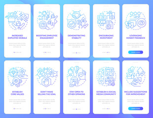 Business transparency blue gradient onboarding mobile app screen set. Walkthrough 5 steps graphic instructions pages with linear concepts. UI, UX, GUI template. Myriad Pro-Bold, Regular fonts used - obrazy, fototapety, plakaty