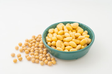 Soybeans with water on a pure white background
