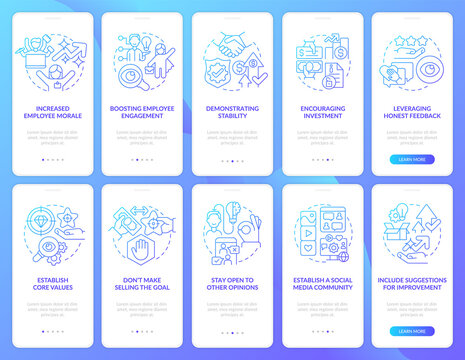 Business transparency blue gradient onboarding mobile app screen set. Walkthrough 5 steps graphic instructions pages with linear concepts. UI, UX, GUI template. Myriad Pro-Bold, Regular fonts used