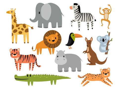 Set of cartoon safari animal. Collection of cute wild animals. Decorative exotic animals. Zoo pets. Colorful illustration for children.