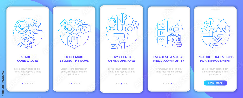 Aufkleber establish transparency blue gradient onboarding mobile app screen. open walkthrough 5 steps graphic 