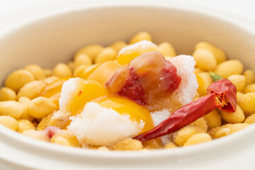 Soybeans with water on a pure white background