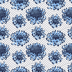 Seigaiha seamless wavy pattern in polka dot style. Blue and white Japanese chrysanthemum set of isolated flowers. Vector illustration.