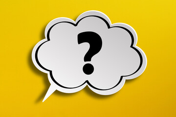 Question mark design with speech bubble on yellow background	
