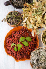 goji berries and dry herbs collection. Top view