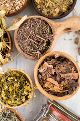 Dry badan leaves and dry herbs collection