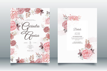 Brown wedding invitation template set with floral frame Premium Vector