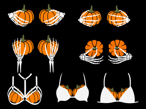 Set of hands skeletons with pumpkins. Collection of skeleton hands with pumpkin boobs. Funny haluin. Veсktor illustration for a print on clothes.