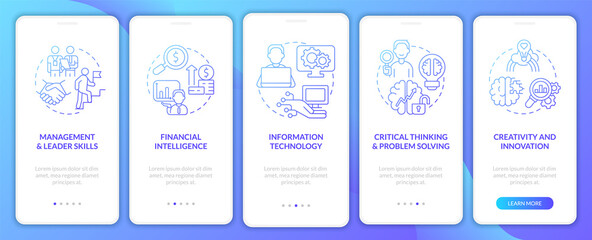 Business management skills blue gradient onboarding mobile app screen. Walkthrough 5 steps graphic instructions pages with linear concepts. UI, UX, GUI template. Myriad Pro-Bold, Regular fonts used