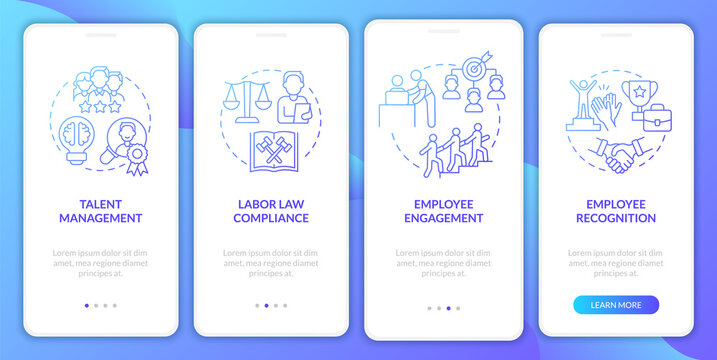HR manager duties blue gradient onboarding mobile app screen. Walkthrough 4 steps graphic instructions pages with linear concepts. UI, UX, GUI template. Myriad Pro-Bold, Regular fonts used