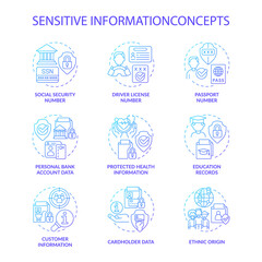 Sensitive information blue gradient concept icons set. Protect important data. Safety idea thin line color illustrations. Isolated outline drawings. Roboto-Medium, Myriad Pro-Bold fonts used
