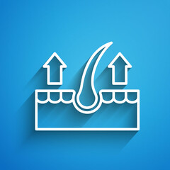 White line Human hair follicle icon isolated on blue background. Hair care treatment. Long shadow. Vector